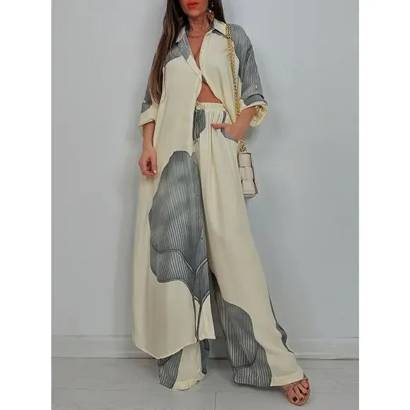 Luxury Blue Colorblock Satin Lounge Oversized Button-Down Shirt & Wide-Leg Pants - Picture 12 of 12